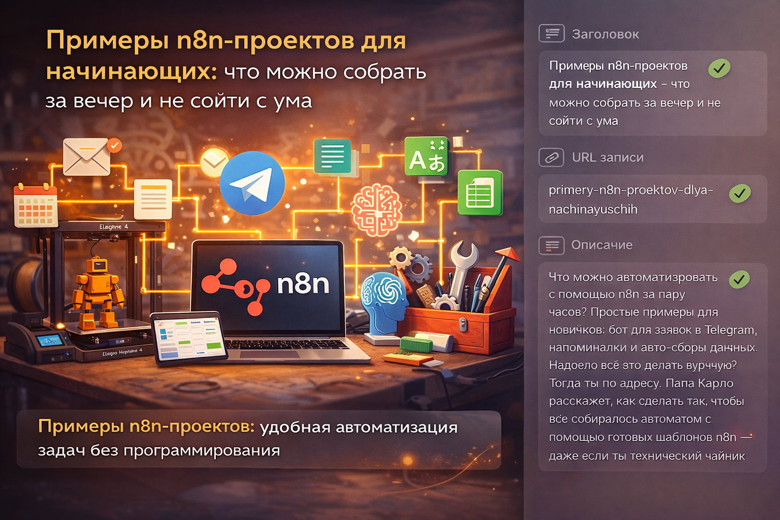 Иллюстрация: примеры n8n-проектов для начинающих — автоматизации Telegram, таблицы, напоминания и шаблоны