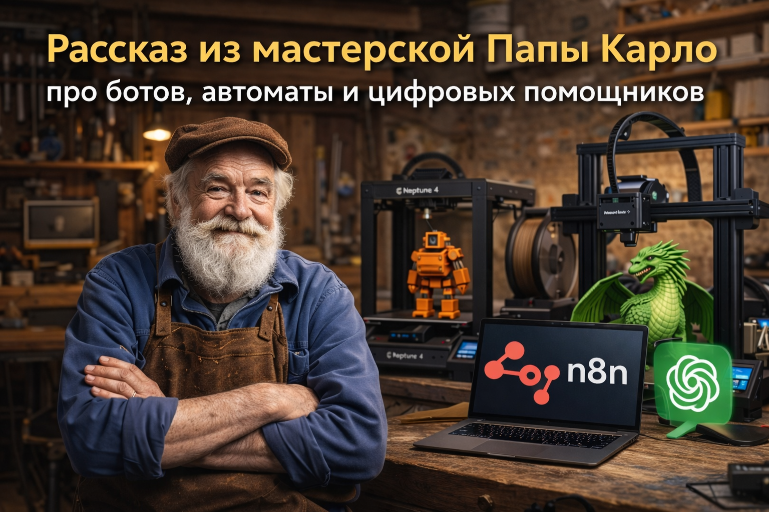 Папа Карло в мастерской с 3D-принтерами и ноутбуком с n8n и ChatGPT — рассказ про ботов и автоматизацию