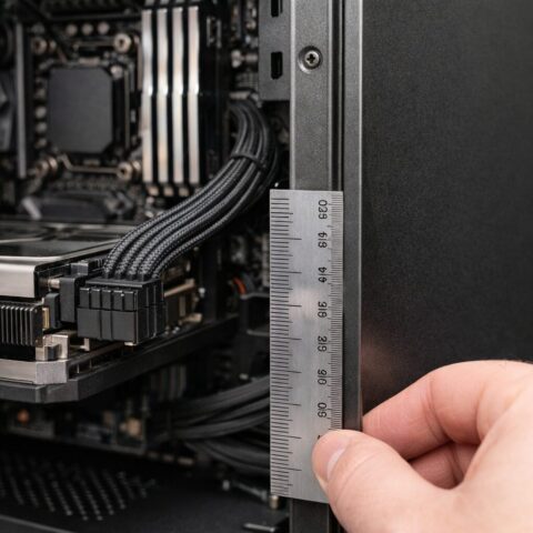 Аккуратная укладка силового кабеля у GPU Крупный план видеокарты в корпусе ПК с прямым участком силового кабеля у разъёма