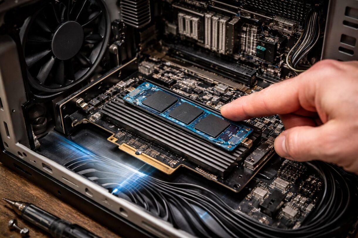 Открытый старый системный блок на верстаке, рядом 2,5-дюймовый SSD и плата M.2 накопителя