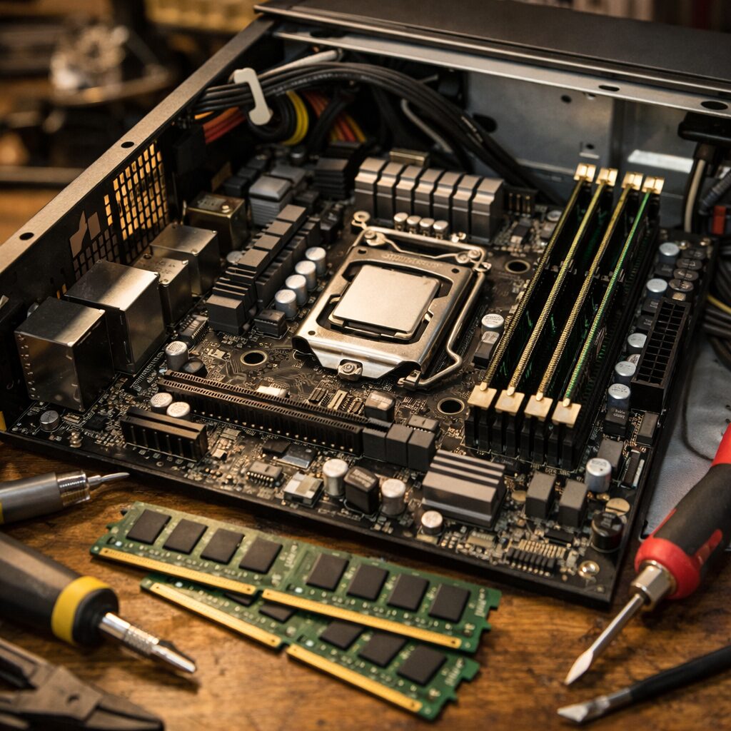Процессор в сокете LGA1155 на материнской плате рядом с модулями DDR3