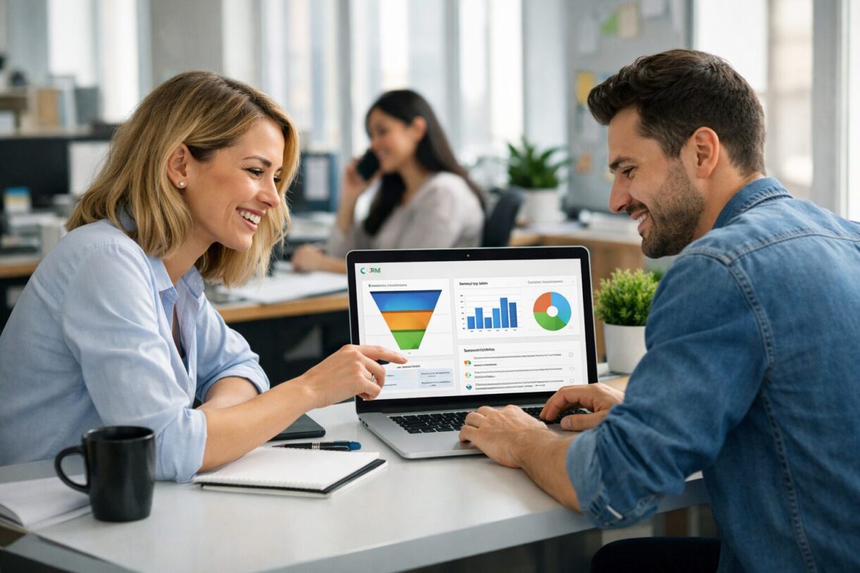 Ноутбук с CRM, чат с клиентом и доска задач менеджера