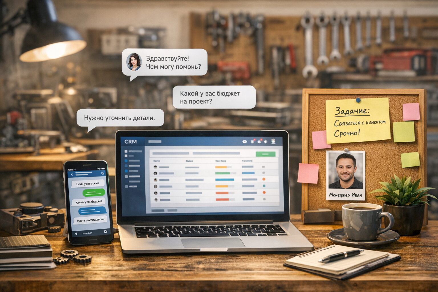 Ноутбук с CRM, чат с клиентом и доска задач менеджера