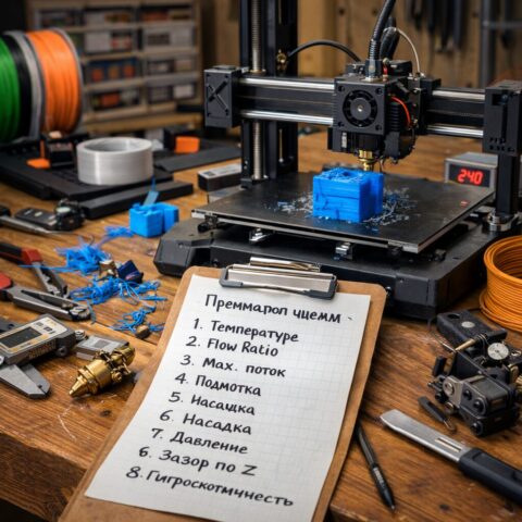 Диагностика подачи пластика в мастерской 3D-принтер печатает тестовую деталь на верстаке рядом с кубиками и инструментом