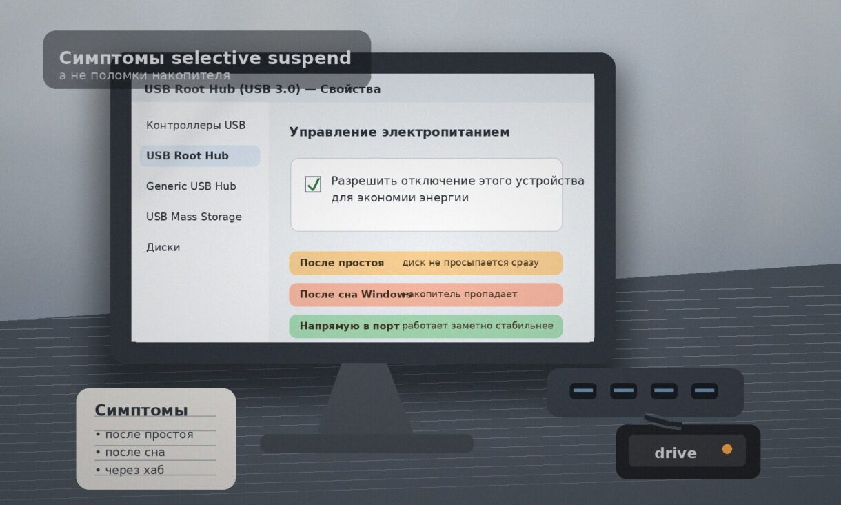 Диагностика засыпающего накопителя через USB-хаб Ноутбук с USB-хабом и внешним накопителем на рабочем столе во время диагностики питания