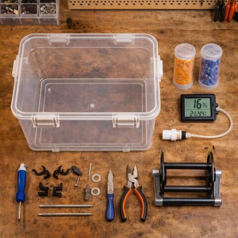 Dry box для катушек филамента в мастерской Прозрачный dry box с катушкой филамента, силикагелем и гигрометром на столе в мастерской