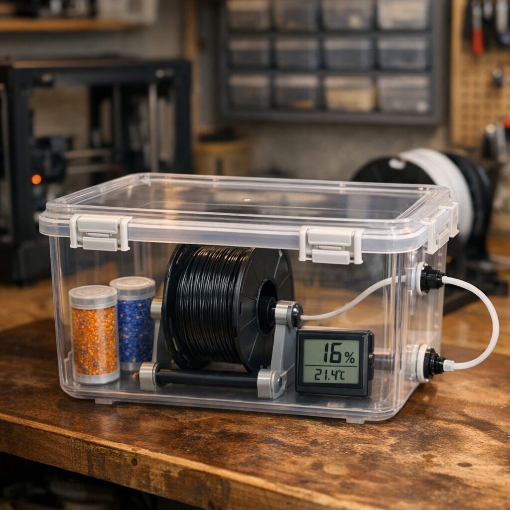 Прозрачный dry box с катушкой филамента, силикагелем и гигрометром на столе в мастерской