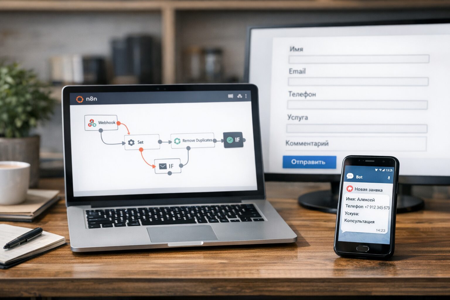 Ноутбук с формой заявки, схемой workflow и уведомлением на смартфоне