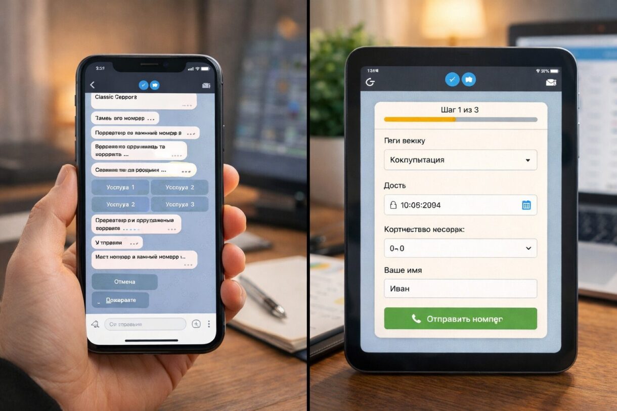 Смартфон с аккуратной формой заявки внутри Telegram на рабочем столе рядом с ноутбуком