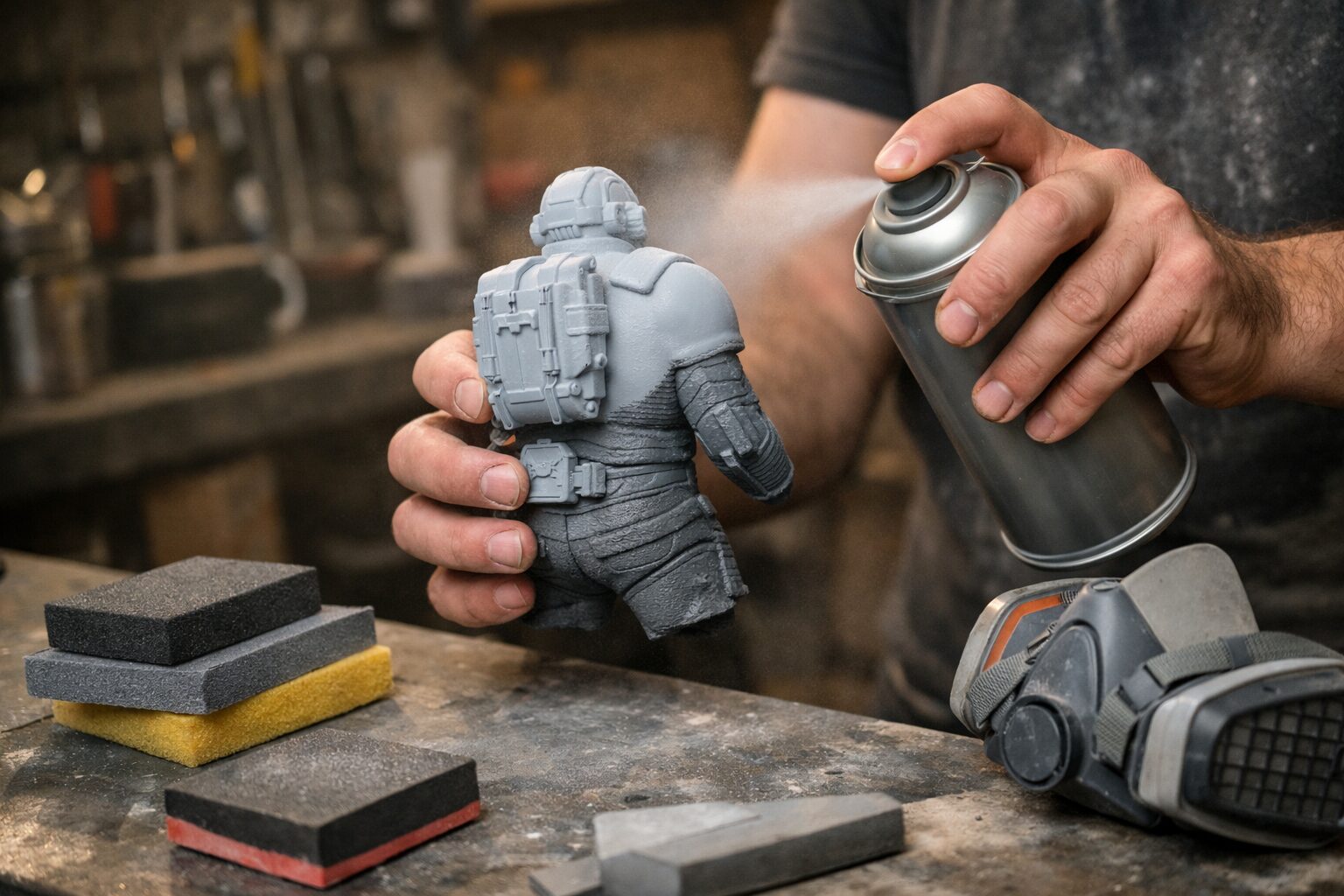 Грунт-наполнитель на 3D-печатной детали перед покраской в мастерской