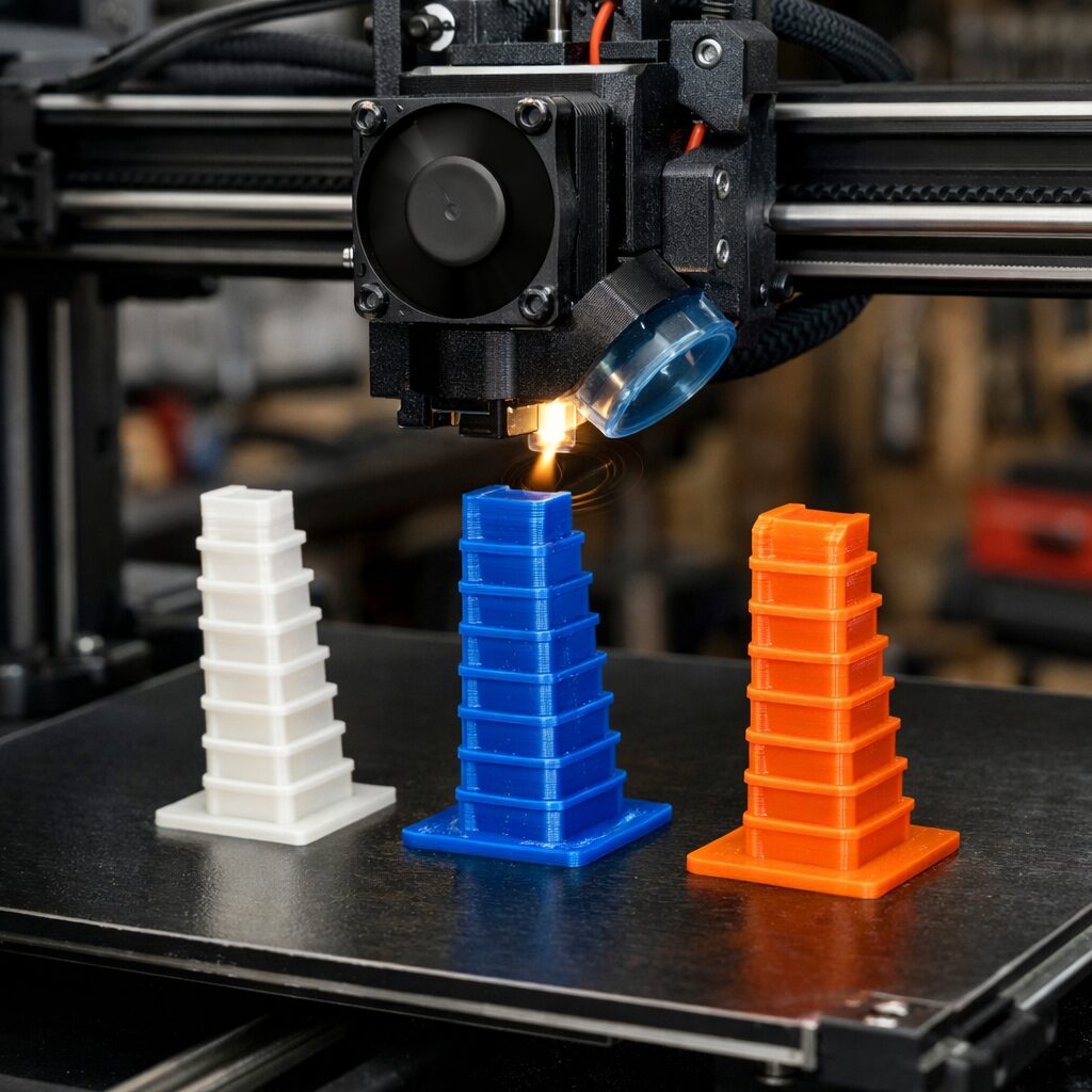 3D-принтер печатает тестовые башни из PLA, PETG и TPU для настройки обдува и охлаждения