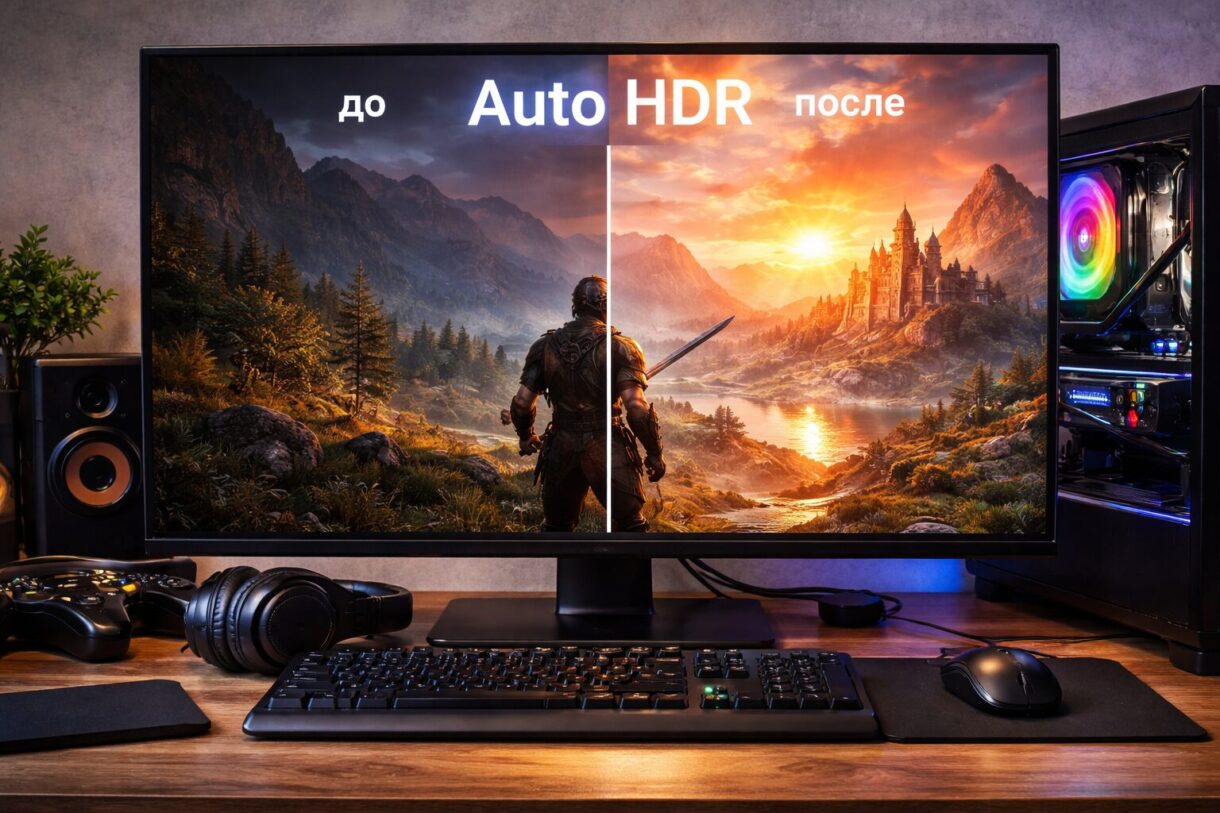 Настройка Auto HDR на игровом ПК Игровой монитор с включённым HDR и меню настройки яркости в Windows 11