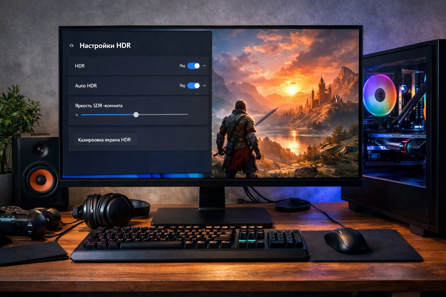 Игровой монитор с включённым HDR и меню настройки яркости в Windows 11