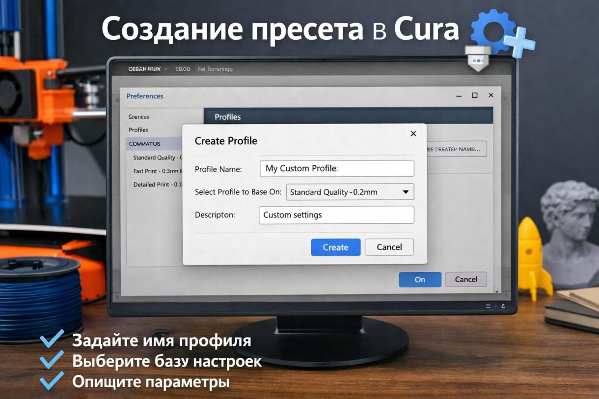 Рабочее место с 3D-принтером, ноутбуком со слайсером и тестовыми кубиками
