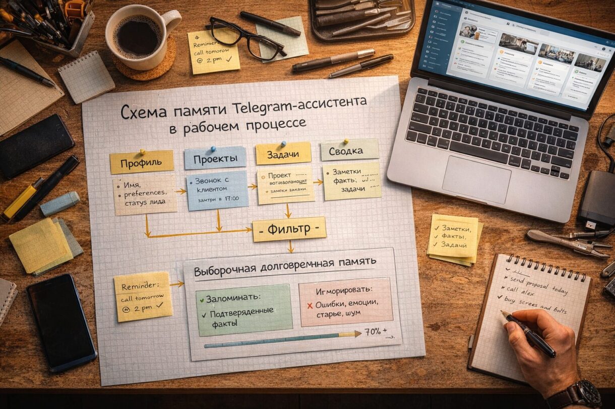 Настройка Telegram-ассистента в мастерской Мужчина в мастерской настраивает Telegram-ассистента с памятью на ноутбуке и смартфоне