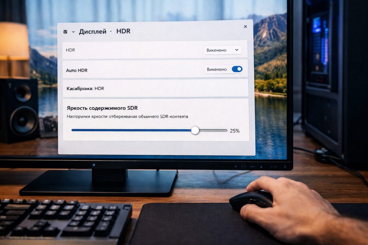 Настройка яркости SDR на OLED-экране Экран с включённым HDR и открытыми настройками яркости SDR