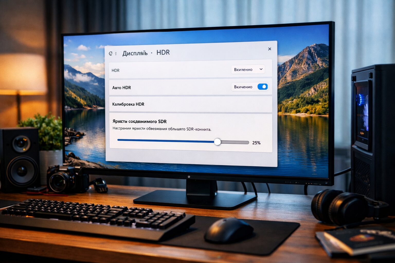 Экран с включённым HDR и открытыми настройками яркости SDR