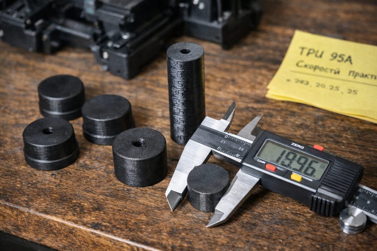 Ножки и демпфер из TPU 95A на верстаке Напечатанные из TPU 95A ножки и демпфер на верстаке рядом с 3D-принтером