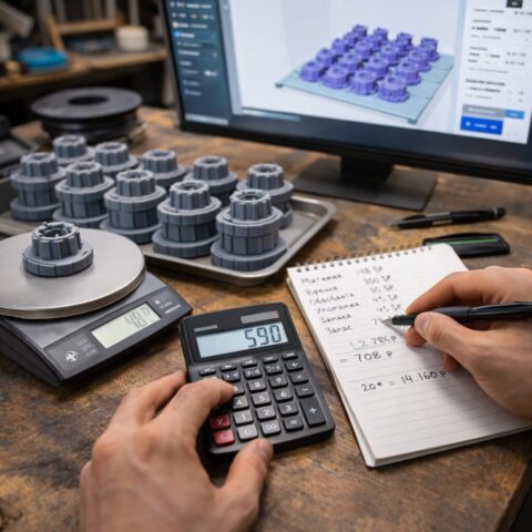 Партия одинаковых пластиковых деталей рядом с 3D-принтерами в мастерской