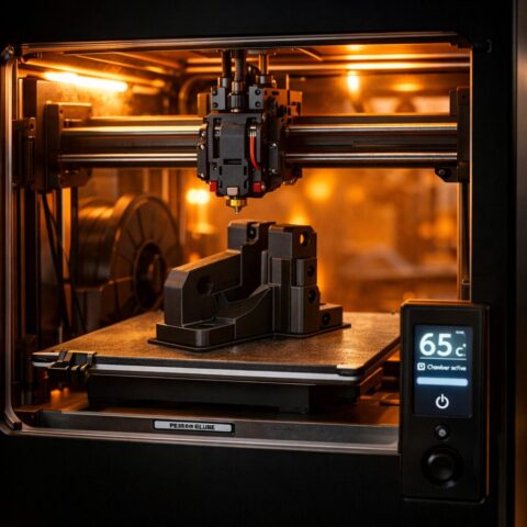 Печать детали из PC в закрытой камере Закрытый 3D-принтер печатает чёрную техническую деталь из PC в мастерской