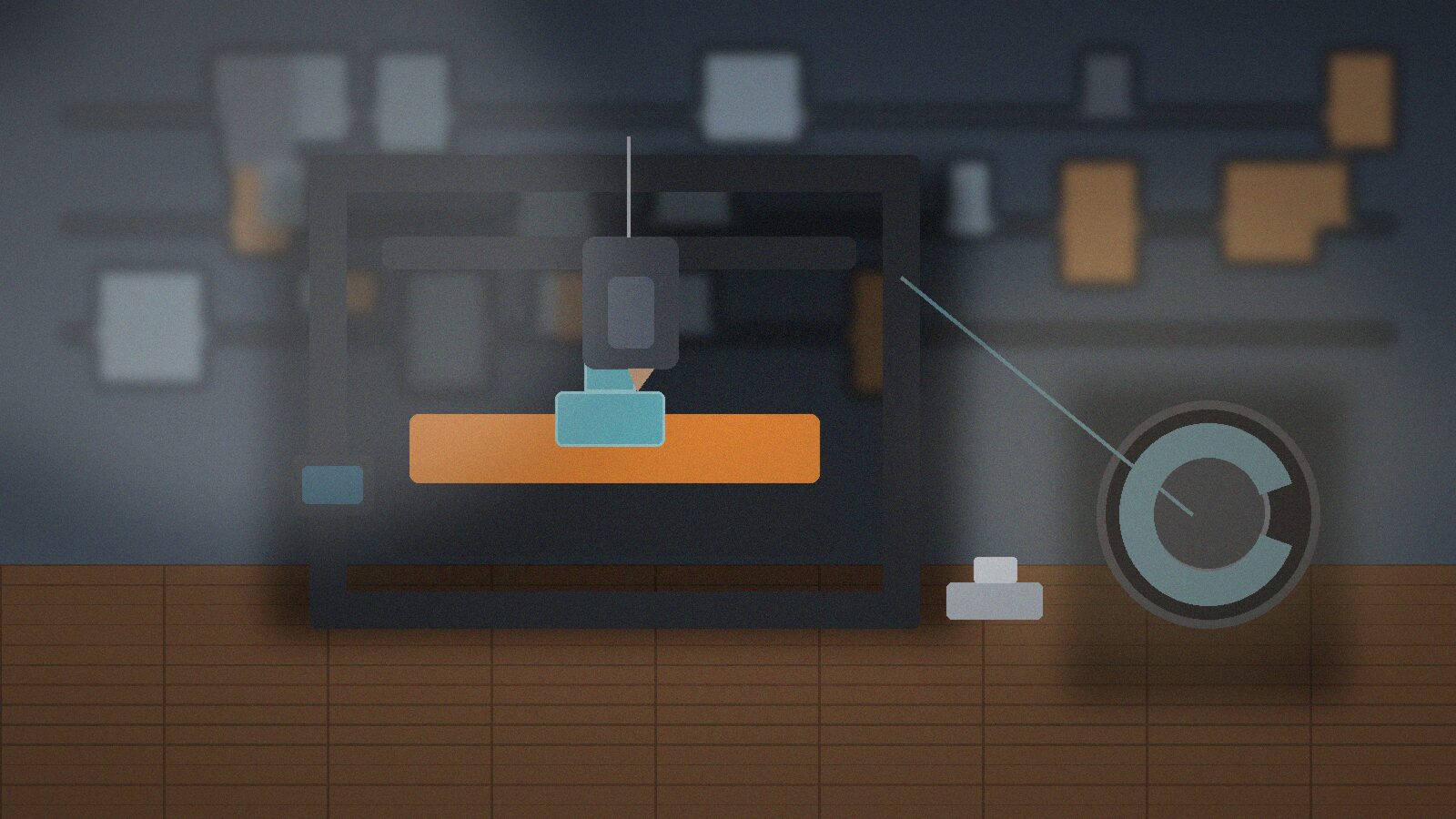 3D-принтер печатает деталь из PETG рядом с катушкой и открытыми настройками слайсера