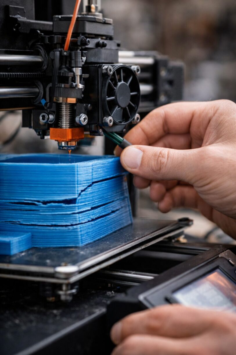 Печать детали в мастерской Настольный 3D-принтер печатает пластиковую деталь крупным планом в мастерской