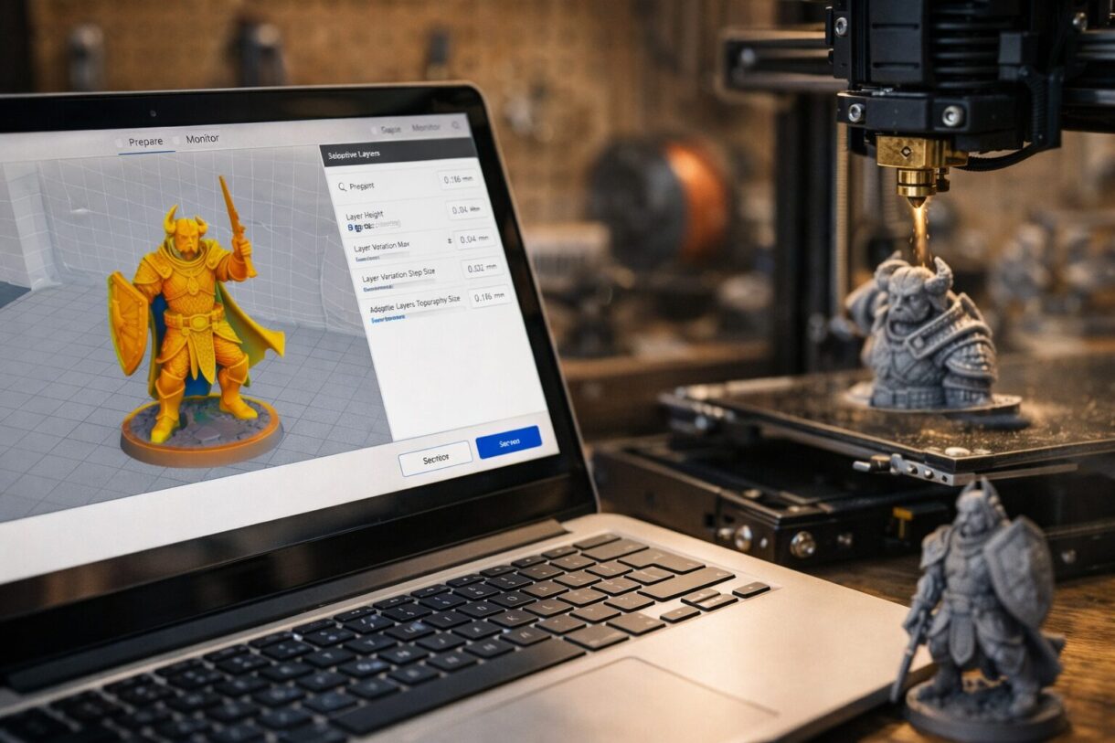 Печать фигурки с адаптивными слоями 3D принтер печатает детализированную фигурку с переменной высотой слоя в мастерской