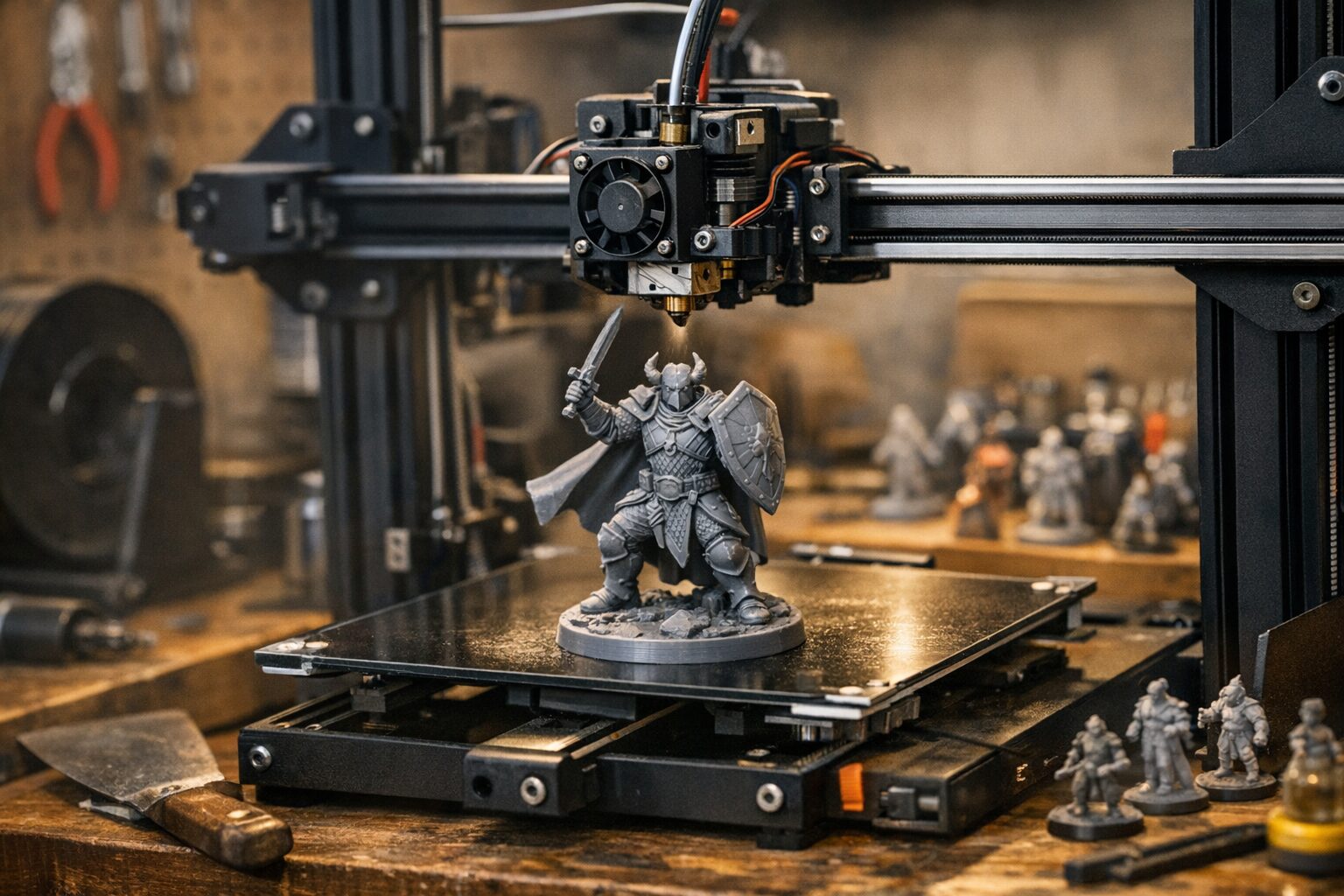 3D принтер печатает детализированную фигурку с переменной высотой слоя в мастерской