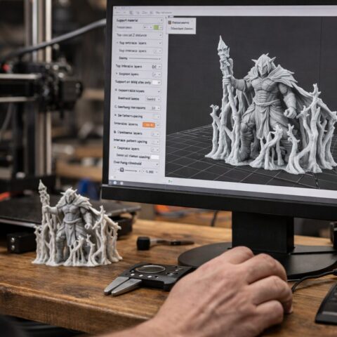 Печать фигурки с органическими опорами Фигурка на столе 3D-принтера с древовидными опорами вокруг нависающих участков
