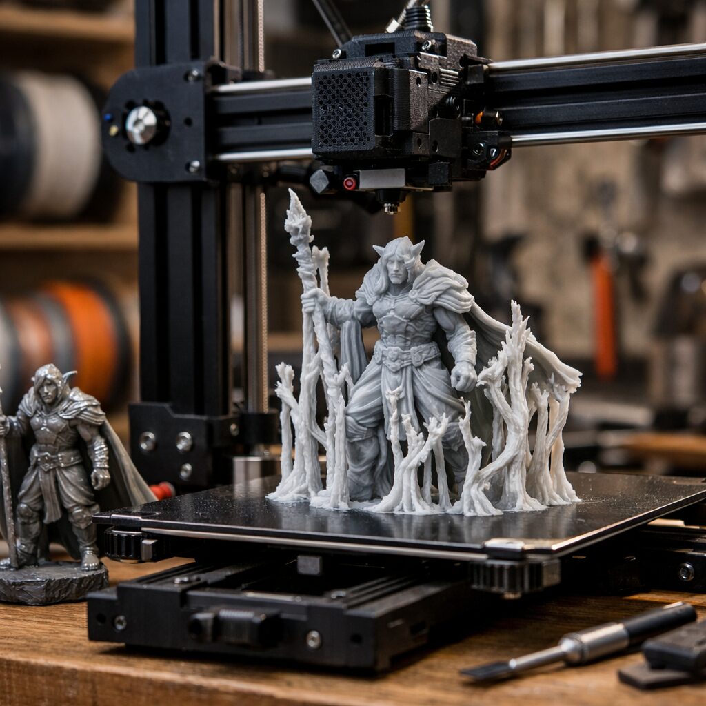 Фигурка на столе 3D-принтера с древовидными опорами вокруг нависающих участков