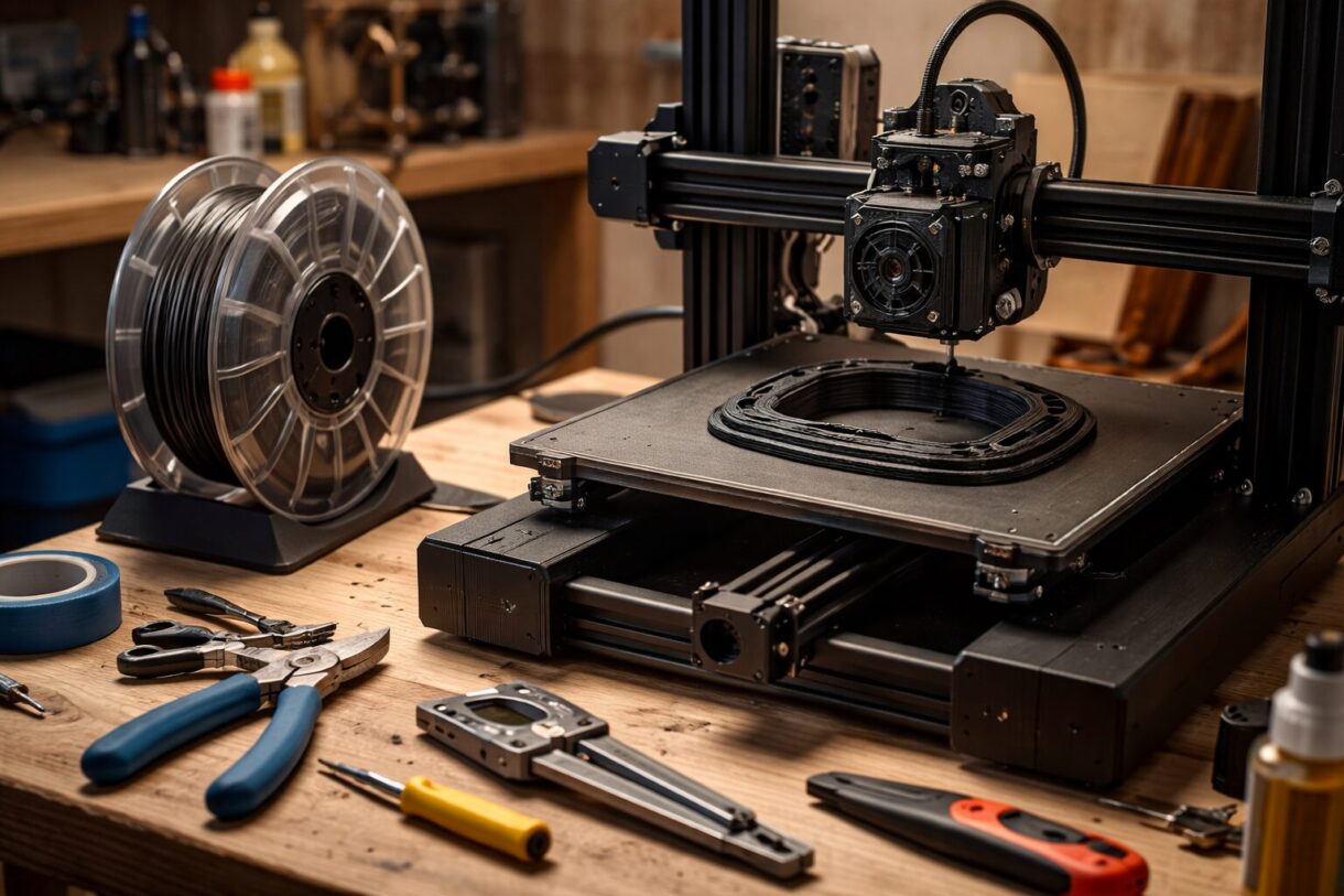 Печать гибкой детали из TPU в мастерской 3D-принтер печатает гибкую TPU-деталь на рабочем столе мастерской рядом с катушкой и инструментами
