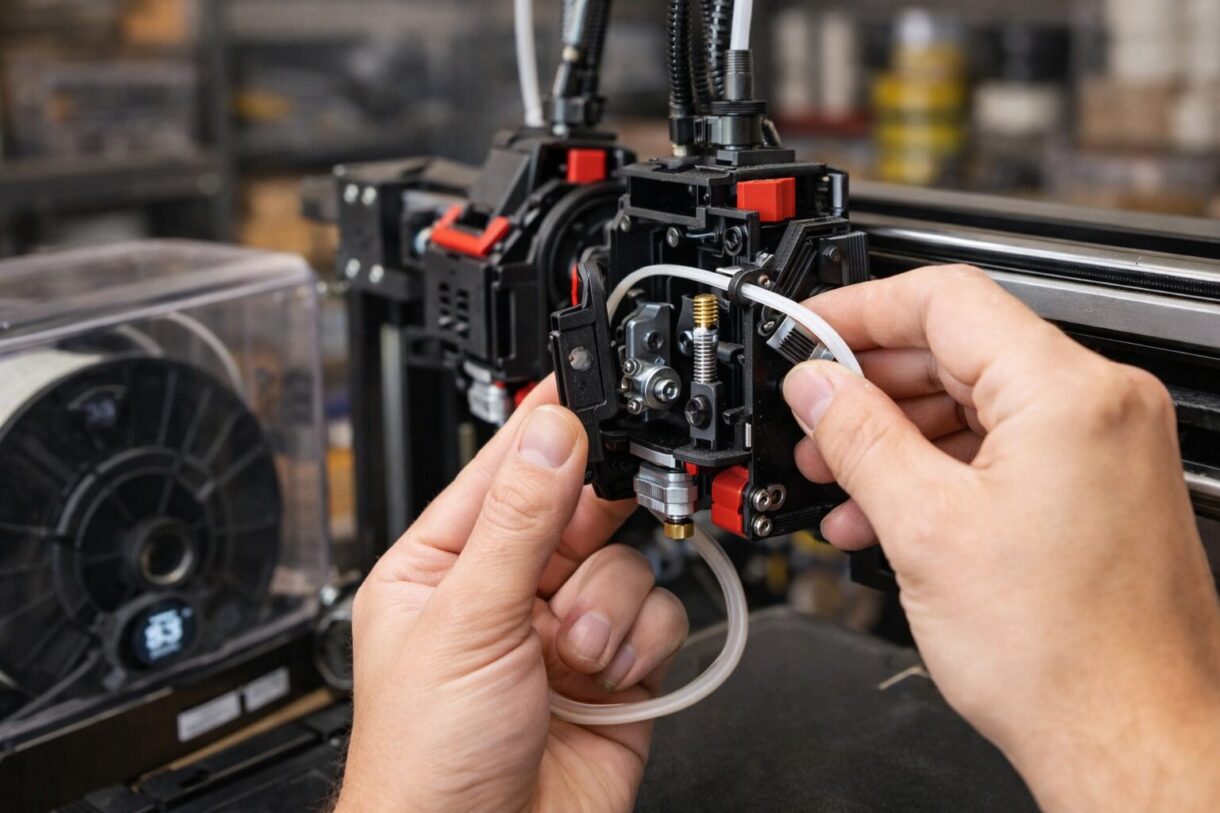 Печать гибкой детали на двух соплах Двухсопельный 3D-принтер печатает гибкую деталь из эластичного пластика
