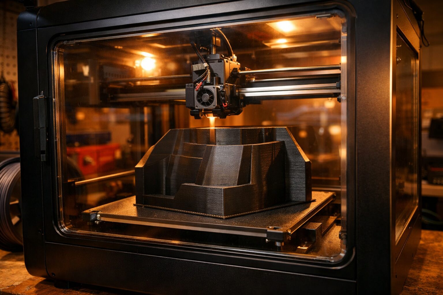 Закрытый 3D-принтер печатает крупный технический корпус из чёрного пластика