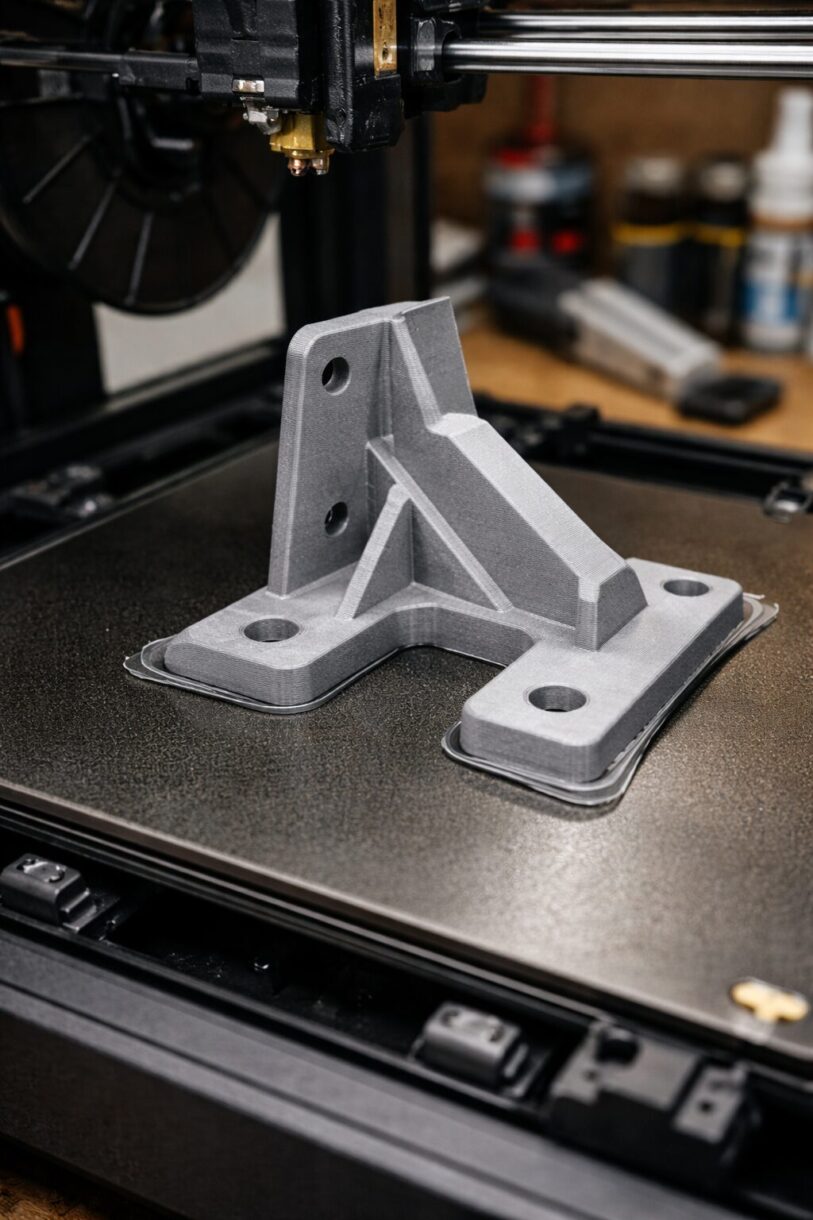 Печать серого кронштейна из ASA Закрытый 3D-принтер печатает серый кронштейн из ASA в мастерской