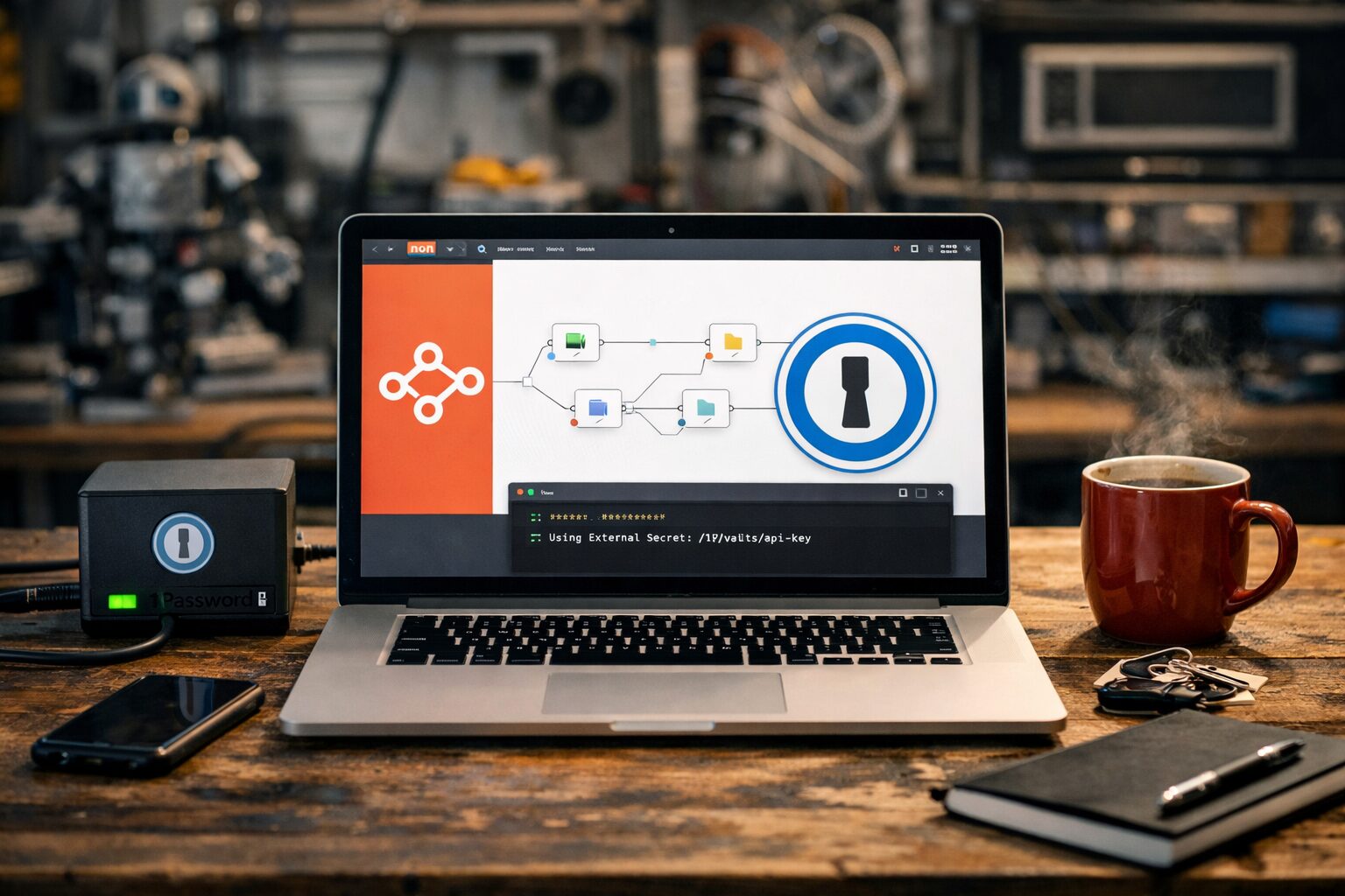 Ноутбук с автоматизацией и внешним vault на рабочем столе