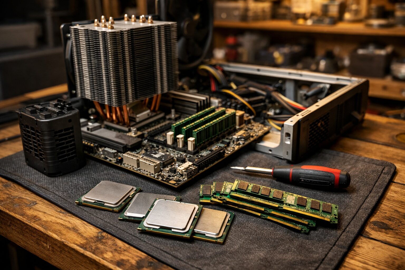 Несколько процессоров LGA2011 и материнская плата X79 на верстаке