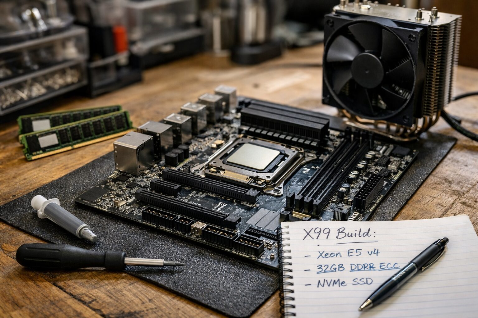 Материнская плата X99 с серверным процессором и модулями DDR4 на рабочем столе