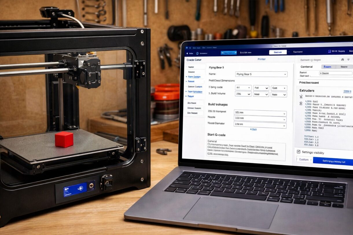 Подготовка профиля печати в Cura Собранный 3D-принтер на верстаке рядом с экраном Cura перед первой настройкой
