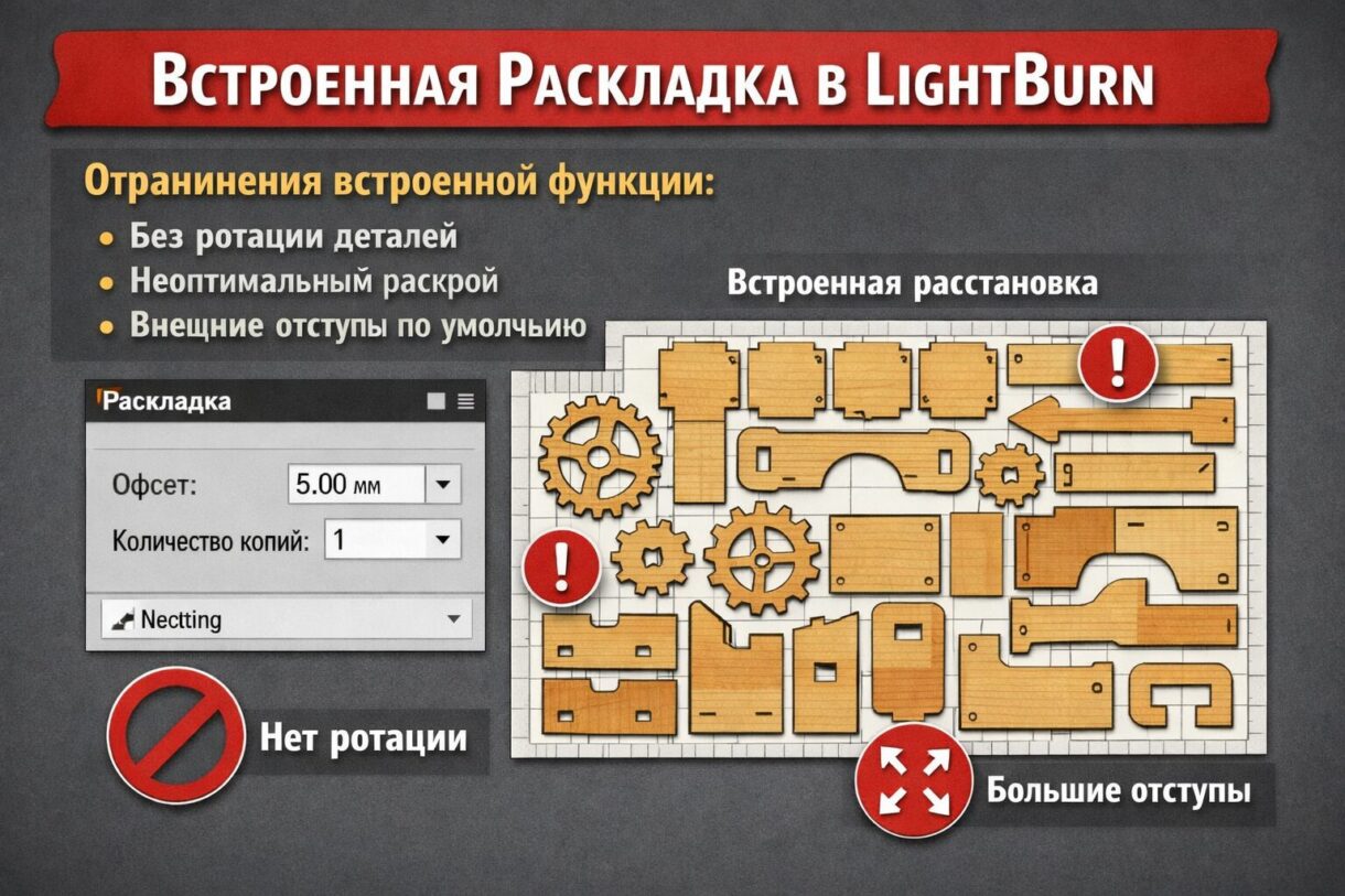 Лазерный станок и экран с плотной раскладкой деревянных деталей