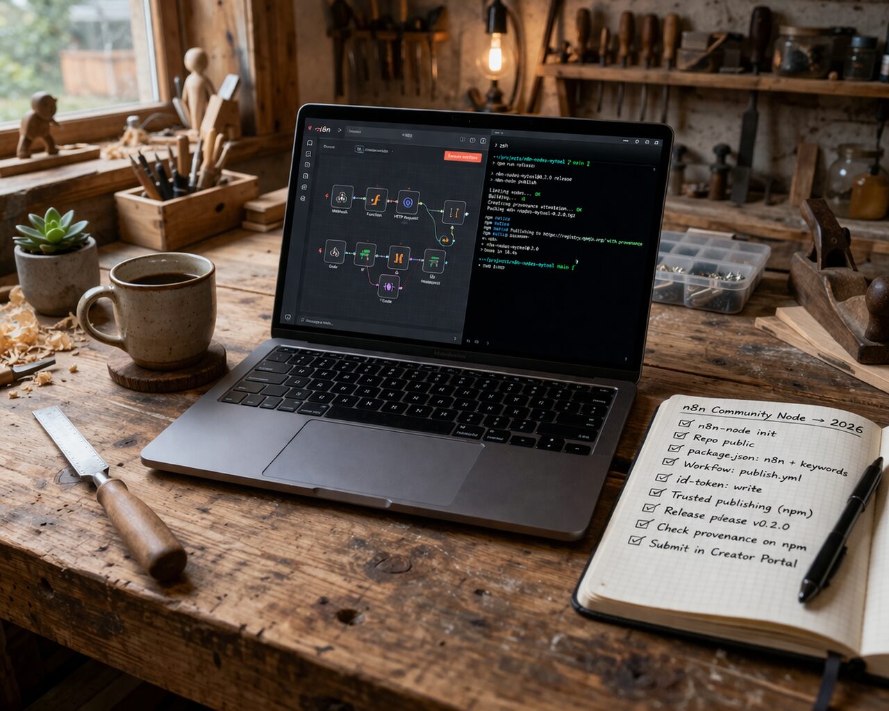 Разработчик готовит релиз npm-пакета и workflow публикации на рабочем столе