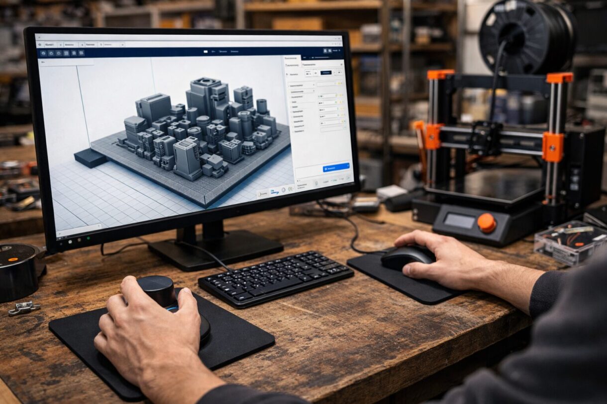 Подготовка сцены в слайсере с 3D-мышью Рабочее место с 3D-принтером, монитором со сценой моделей и 3D-мышью