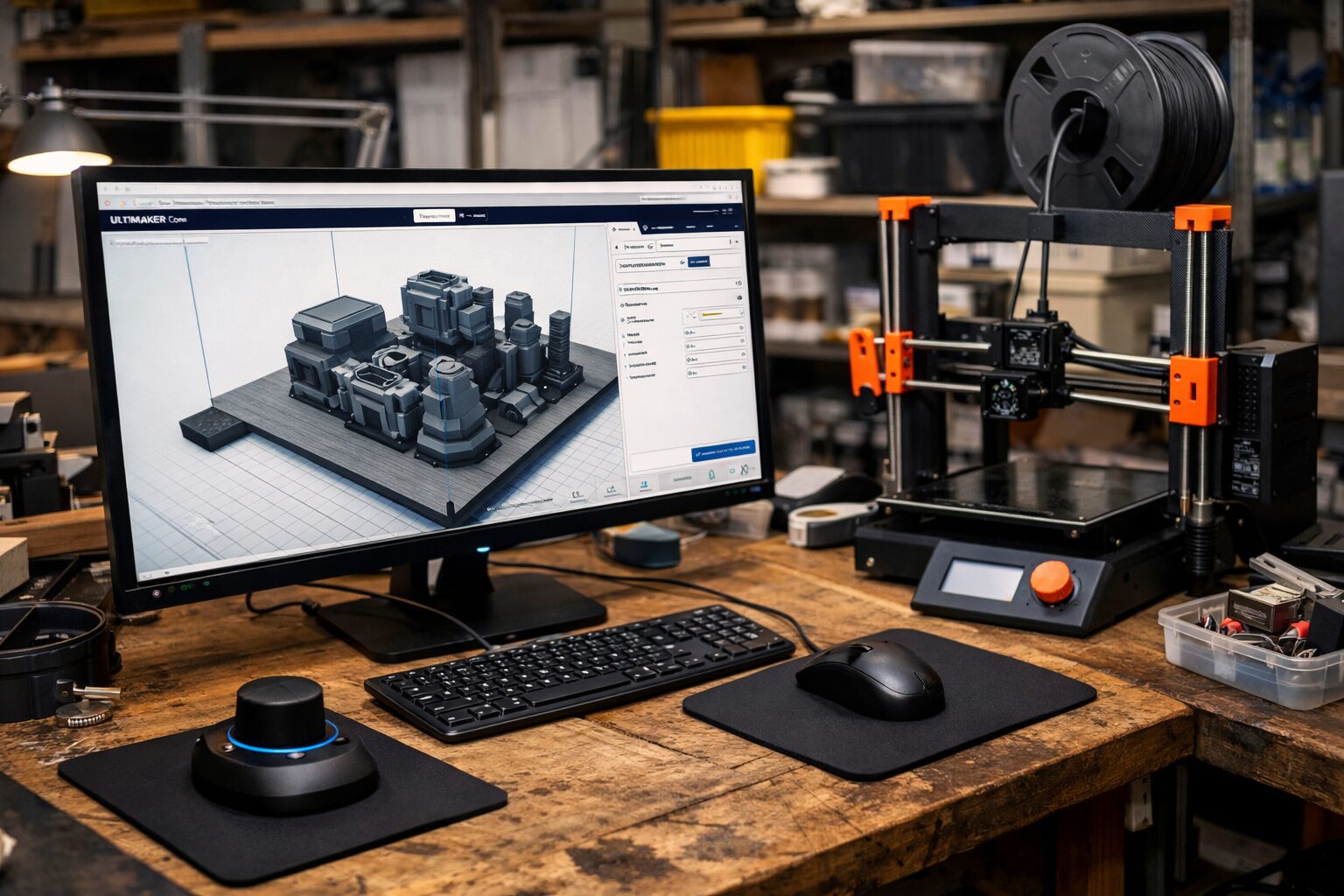 Рабочее место с 3D-принтером, монитором со сценой моделей и 3D-мышью