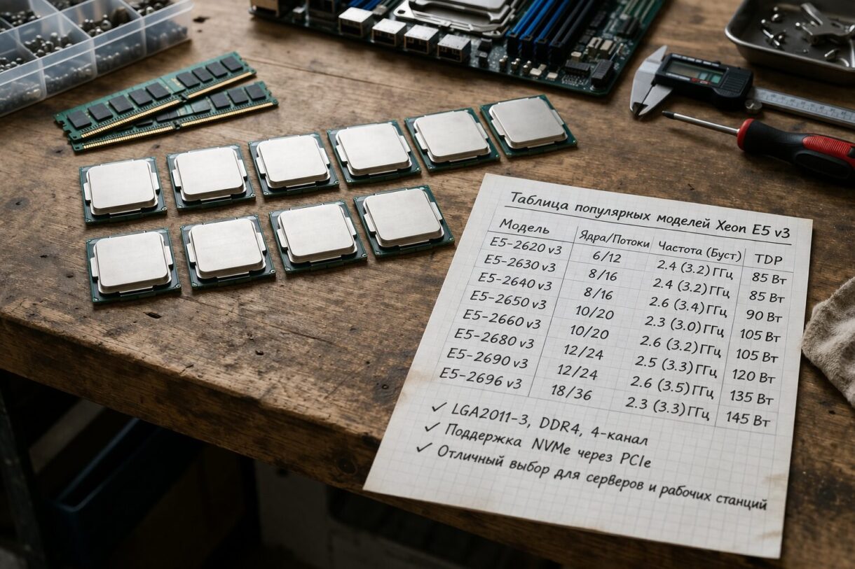 Подготовка X99-сборки на верстаке Процессор в сокете LGA2011-3 рядом с модулями DDR4 на открытом стенде