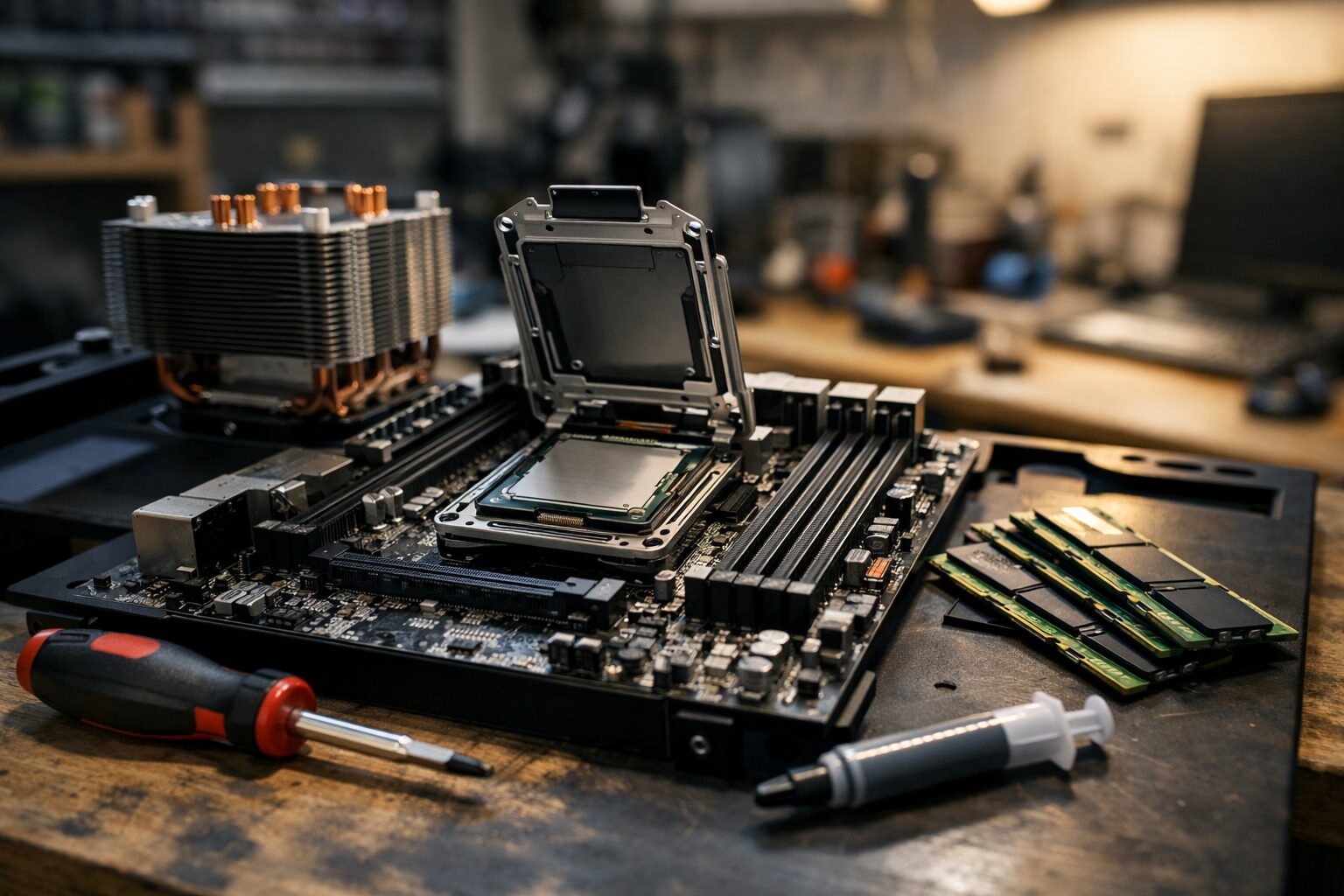 Процессор в сокете LGA2011-3 рядом с модулями DDR4 на открытом стенде