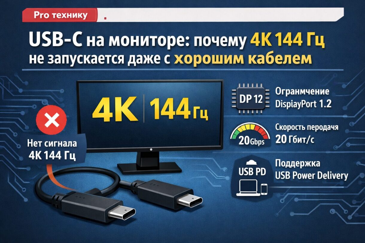 Подключение монитора по USB-C Ноутбук подключён к 4K-монитору по USB-C, на столе видны кабель и экран с настройками частоты