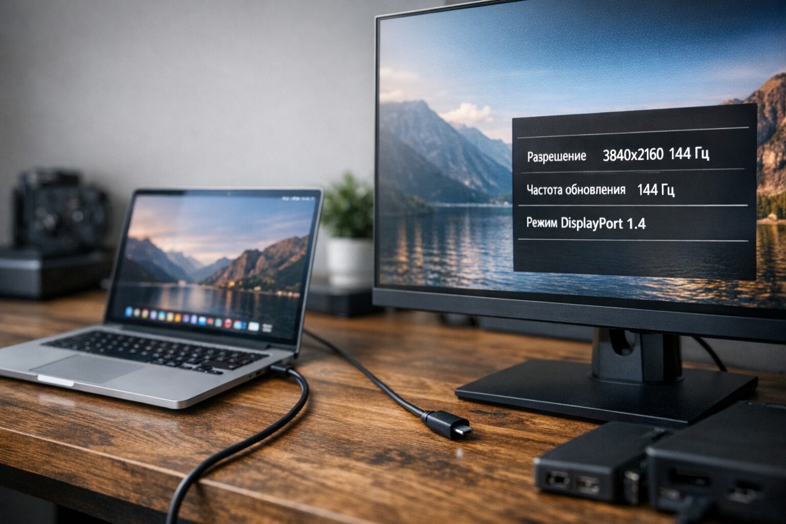Ноутбук подключён к 4K-монитору по USB-C, на столе видны кабель и экран с настройками частоты