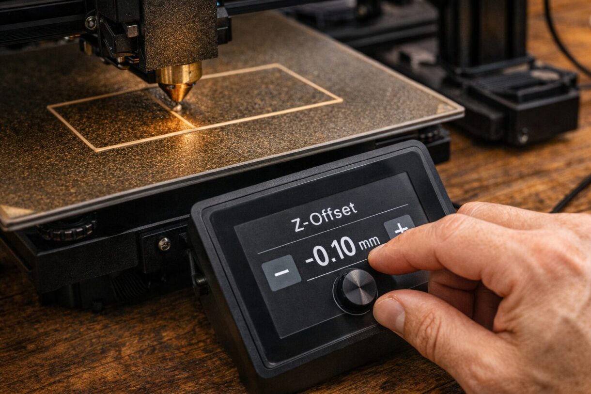 Подстройка Z-offset на первом слое Сопло 3D-принтера настраивает первый слой над PEI-пластиной во время калибровки зазора