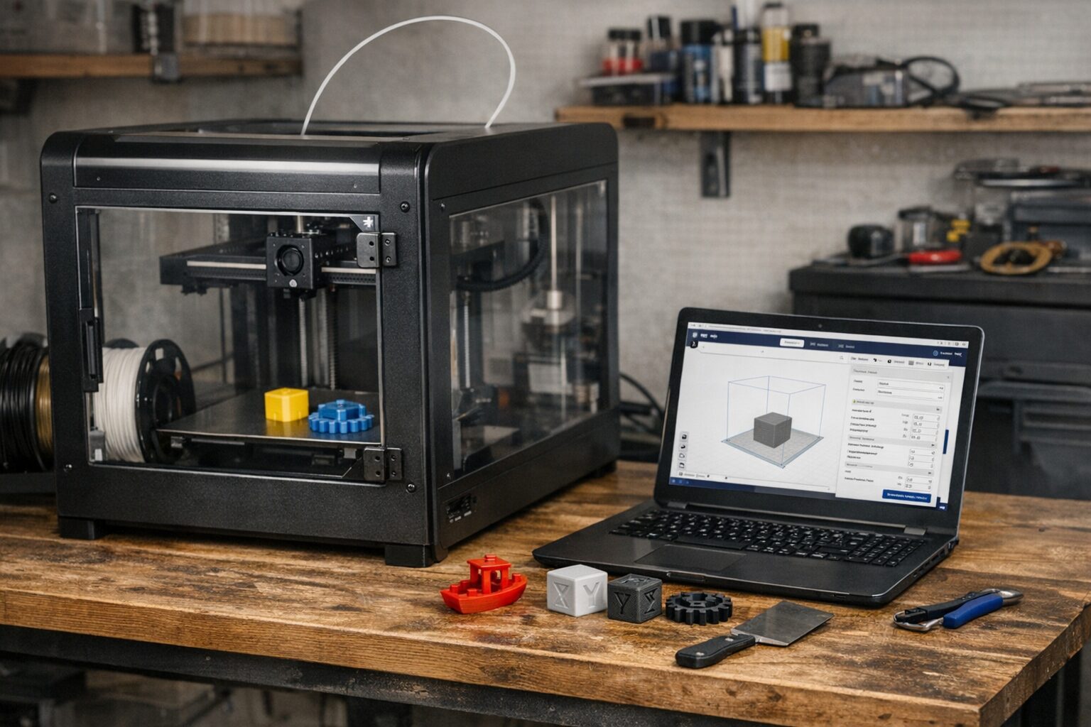 Закрытый 3D-принтер на верстаке рядом с ноутбуком и катушками пластика