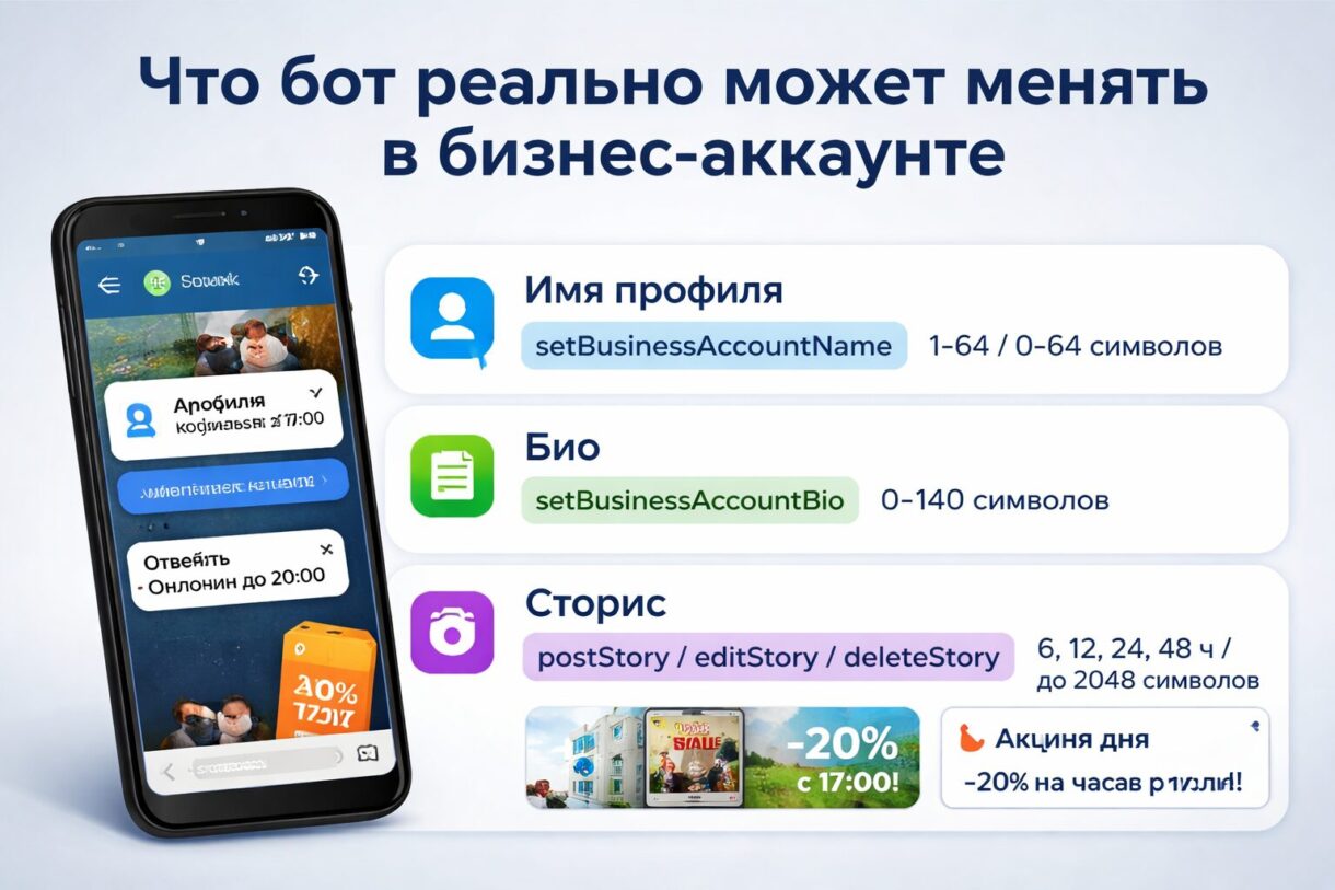 Профиль Telegram и схема автоматизации Смартфон с бизнес-профилем в Telegram рядом с ноутбуком и сценарием автоматизации