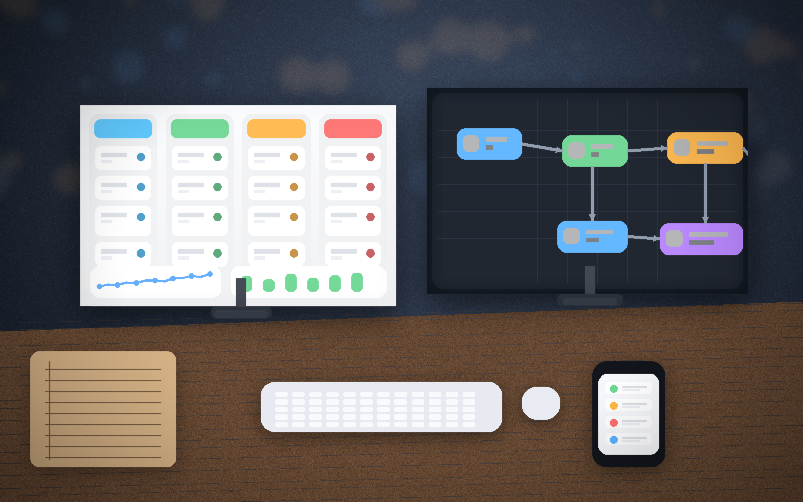 Монитор с CRM и схемой обработки лидов, где видны дубли и предупреждения